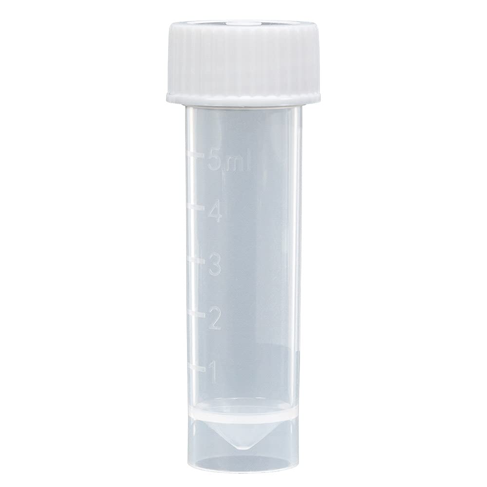 Globe Scientific 5mL Transport Tube with Screw Cap, 6101, Polypropylene Tube with Conical Bottom, Molded Graduations, Self Standing with Separate White Polyethylene Screw Cap, Case of 1000
