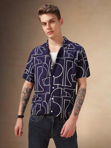 Image of Dennis Lingo Men Blue Printed Viscose Relaxed Fit Half Sleeve Shirts