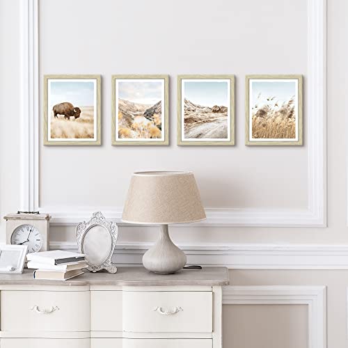 Nature Landscape Framed Wall Art: Modern Home Office Bedroom Living Room Bathroom Farmhouse Western National Park Scenery Painting Mountain River Wilderness Picture Wildlife Animal Bison Print Artwork #TOP4