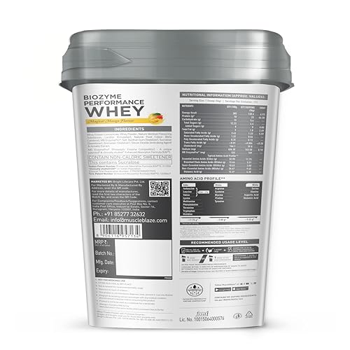 Image of MuscleBlaze Biozyme Performance Whey Protein Powder, Magical Mango (4kg / 8.8lbs) & Micronised Creatine Monohydrate CreAMP Powder, Unflavoured (32 Servings, 100g) | Pack of 2