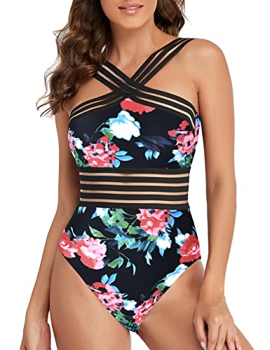 Hilor Women's One Piece Swimwear Front Crossover Swimsuits Hollow Bathing Suits Monokinis White&Red Floral L/Us10-12 #TOP2