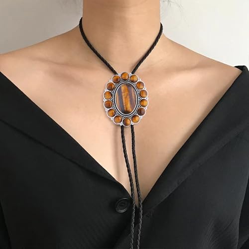 Image of GelConnie Bolo Tie for Men Women Western Cowboy Turquoise Leather Necktie | Natural Stone Bolo Tie Necklace for Women Rodeo Cowboy Leather Necktie Native American Western Cowgirl Ties Adjustable Cord