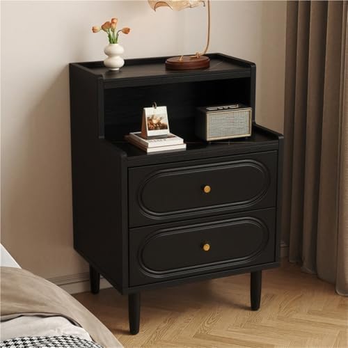 HJYBFA Mesita de Noche de Madera con 2 cajones, encimera de Pizarra, Mesa Auxiliar de Madera Maciza de Mediados de Siglo, mesita de Noche Moderna para Dormitorio (Negra)