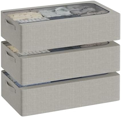 Under Bed Storage Bins with Metal Frame, Linen Fabric Frame Storage Box Clothes Organizer Bins, Underbed Container with Clear Window (Light Grey, 15.7 x 13 x 6IN)