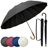 unycos - Paraguas de Golf Resistente al Viento【Grande, XL】 Automático e Impermeable con Mango de Madera, Protección UV para Hombre y Mujer, 120 cm, 16 Varillas | Incluye Funda y Correa (Negro)