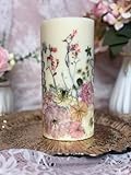 Handcrafted Botanical Pressed Flower Pillar Candle, Natural White Wax with Pink, White and Green Dried Flowers, Decorative Home Decor