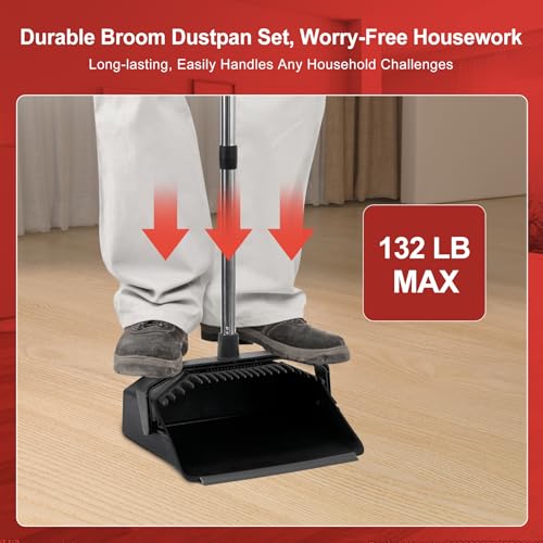 Tiumso 3-Pack Broom with Dustpan Combo Set, Commercial Broom and Dustpan Set, Dust Pan with Long Handle, 51'' Large Brooms with Self-Cleaning Dust Pan Teeth for Restaurant Lobby Garage - Black by Tiumso - Image 2