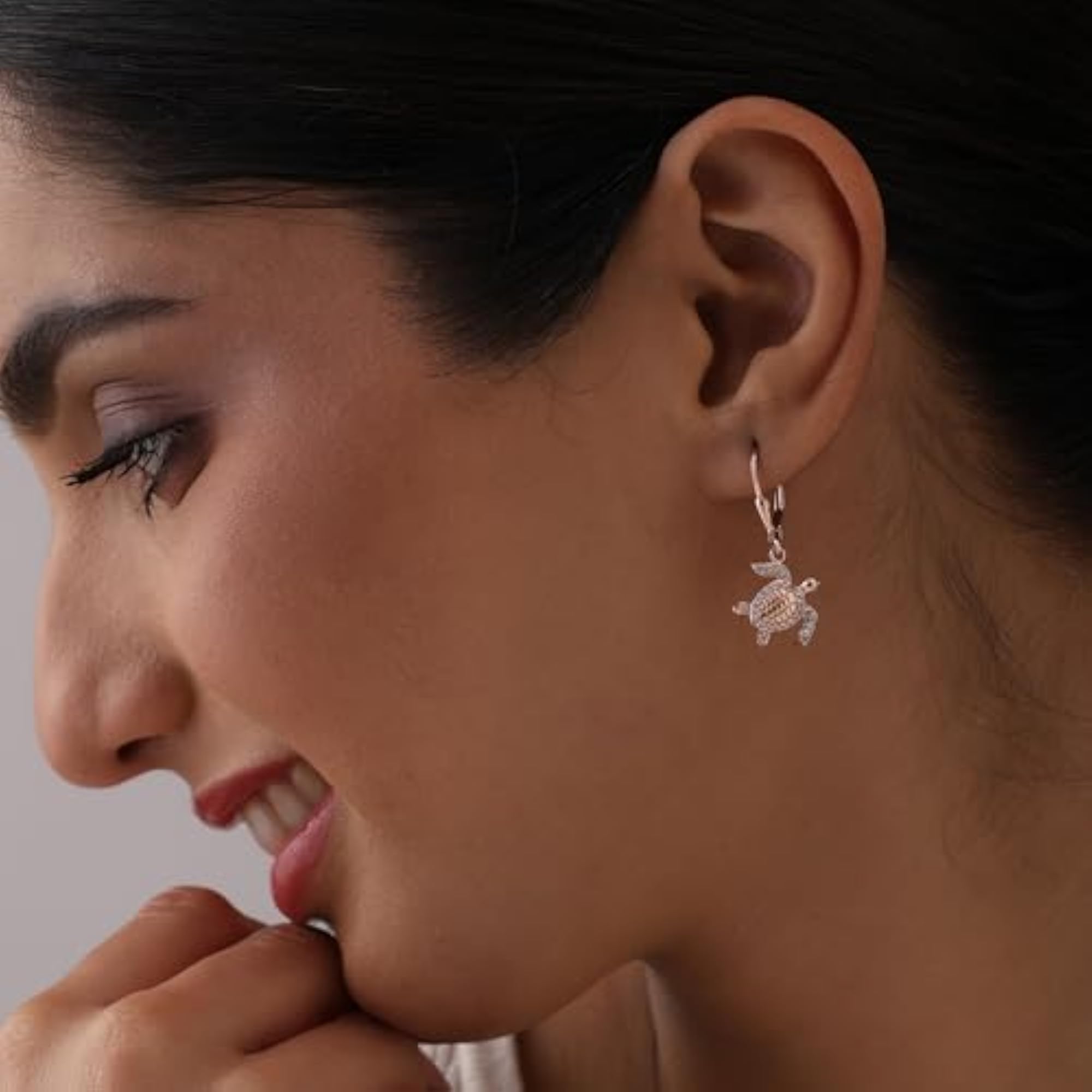 Women's 925 Sterling Silver Rose Gold Plated CZ Turtle Leverback Dangle Earrings