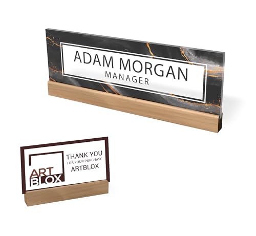 ARTBLOX | Office Personalized Name Plate Black Gold Marble Design On Clear Acrylic Glass for Desk with Business Card Holder
