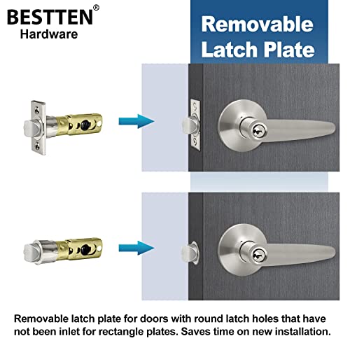 Bestten Keyed Entry Door Lever Set With Removable Latch Plate, All Metal, Roma Series Door Handle For Front Door, Satin Nickel #TOP2