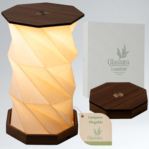 Lámpara led sin cable para mesita de noche, terraza y camping – recargable USB-C, plegable y portátil, luz cálida regulable 5–12h, diseño origami de madera, regalo original