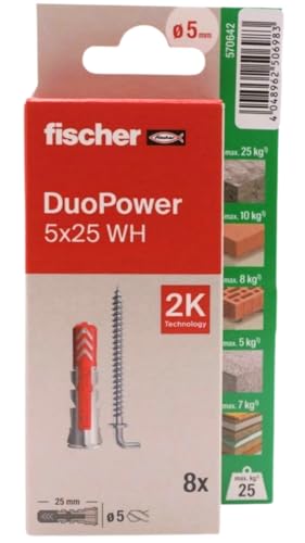 fischer - Duopower 5x25 Con Alcayata - 8U, Tacos para pared multimaterial, sirven para Colgar Bicicletas, Cuadros, Armarios, Soportes de Televisión, Estanterías, Muebles.