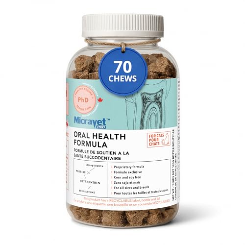 MicraVet Pro Oral Health Soft Chew Dental Supplements for Cats – Plaque & Tartar Control, Fresh Breath Support, Natural Gum & Oral Wellness Formula with Zeolites, Probiotics & Astaxanthin – 70 Count