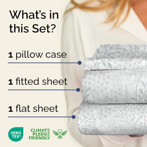 Image of Twin 3 Piece Floral Sheet Set - Soft, Breathable & Cooling - Gray Ferns | 1 Flat, 1 Fitted & 1 Pillowcase w / Deep Pockets, Boho Botanical Floral Bedding, Breathable & Cooling, Wrinkle & Fade Free