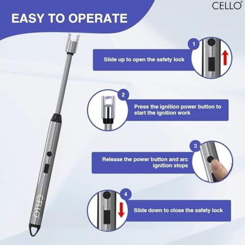 Image of Cello Rechargeable Electric Gas Lighter for Cooking Gas Stove, Kitchen, Pooja Candles & Diyas | USB Charging, Windproof, 360 Flexible Lighter - (Silver)