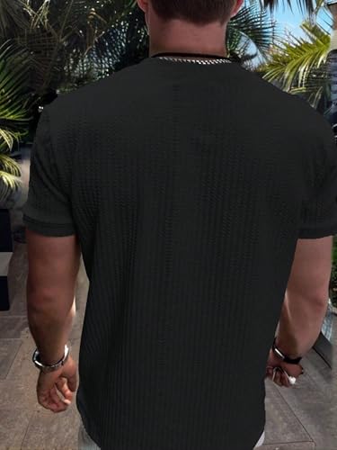 Image of Men's Textured Rib Knit T-Shirt | Premium Stretch Fabric | Crew Neck | Half Sleeve | Slim Fit Casual Solid T-Shirt for Men