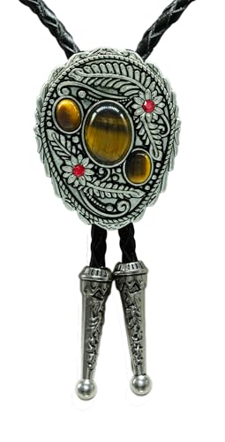 Image of Moranse Bolo Tie with Natural Tiger Eye Stone Celtic Style Genuine and Cowhide Rope