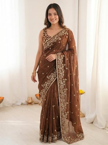 Image of ORHANS Women's Tissue Silk Ethnic Motifs Embroidered Tissue Heavy Work Saree with Embroidered With Unstitched Blouse Piece Blouse Piece | Beautiful Saree for Women | Traditional Indian Sari