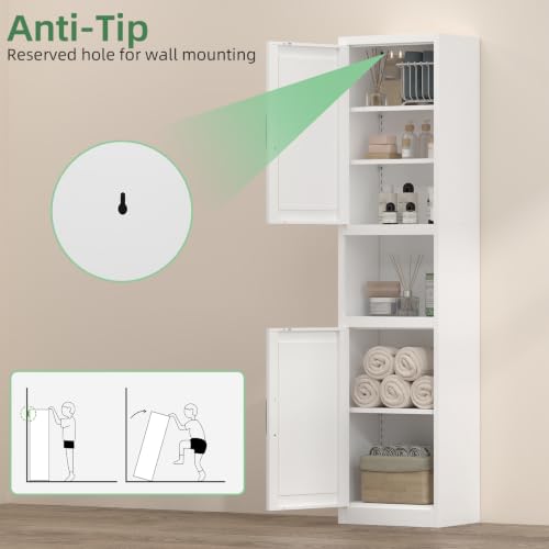 Image of Bathroom Storage Cabinet, White Cabinet with Shelves and Doors, Narrow Storage for Laundry, Tall Cupboard for Kitchen