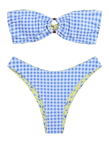 Image of ZAFUL Women's Bandeau Bikini O Ring Strapless Tie Back High Cut Two Piece Swimsuit Bathing Suits
