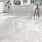 30-Pack Peel and Stick Floor Tiles Vinyl Floor 12 x 12 inch Self Adhesive Waterproof Glossy Flooring Planks DIY for Bathroom, Kitchen, Living Room, RV, Cover 30 Sq. Ft, Polish Light Grey Marble