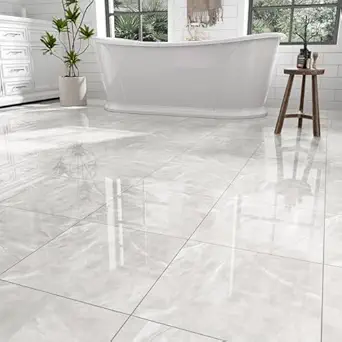 30-Pack Peel and Stick Floor Tiles Vinyl Floor 12 x 12 inch Self Adhesive Waterproof Glossy Flooring Planks DIY for Bathroom, Kitchen, Living Room, RV, Cover 30 Sq. Ft, Polish Light Grey Marble