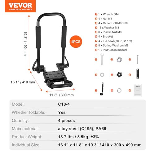 VEVOR Kayak Roof Rack 2 Pairs J-Bar, Soft Roof Rack Quick Folding, Top Mount Tie Down, Carrier for Kayak, Surf Board, Canoe, SUP, Ski Board, Mount on Car, SUV, Truck, 2 Kayaks by VEVOR - Image 7