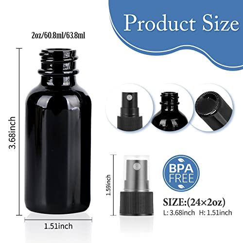 2oz Glass Spray Bottle, Fine Mist Boston Glass Bottles with Black Fine Mist Sprayer Small Clear Bottles for Essential Oils, Bath, Beauty, Hair & Cleaning, UV Black, Pack of 242