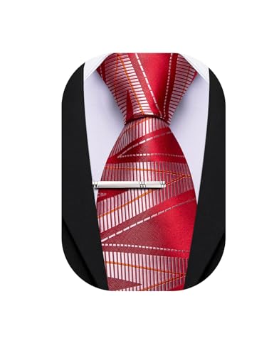 Image of Barry.Wang Mens Ties Silk Red Silver Striped Plaid Checkered Woven Neckties and Tie Clip Set Formal Business Wedding