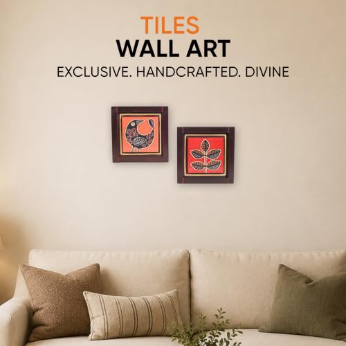 Image of AAKRITI ART CREATIONS Pichhwai Handcrafted Tiles Wall Art Panel, Madhubani Art Wall Hanging Set of 2, Brown and Red Wall Decor | Glossy Finish Ceramic and Wooden | Living Room, Bedroom, Office
