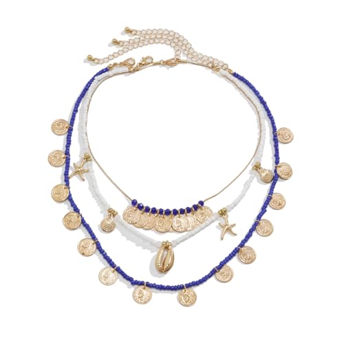 Image of SANNIDHI 3Pcs Necklace for Women Girls Boho Gold Seashell Starfish Pendant Necklaces Layered Beads Necklace Chains Beach Jewelry Gift Item for Women