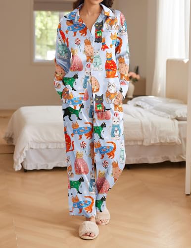 Ekouaer Womens Satin Silky Pajama Set 2 Piece Print PJs Soft Loungewear Button Down Sleepwear with Elastic Waist Long Pants