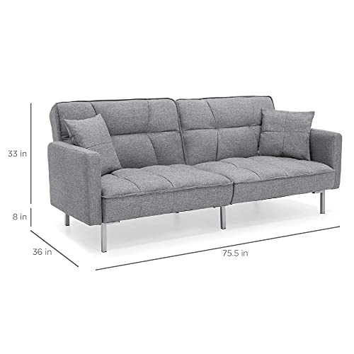 Best Choice Products Convertible Linen Fabric Tufted Split-Back Plush Futon Sofa Furniture For Living Room, Apartment, Bonus Room, Overnight Guests W/ 2 Pillows, Wood Frame, Metal Legs - Dark Gray #TOP6