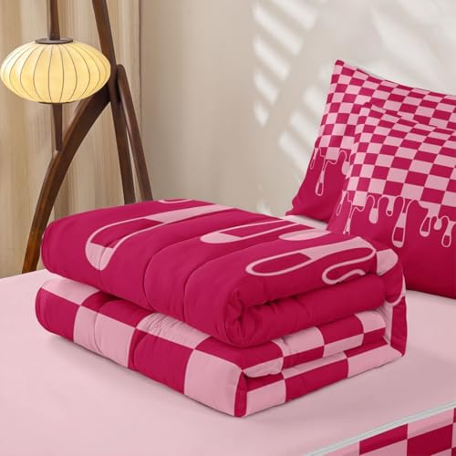 Image of Hot Pink Checkered Zipper Bedding Queen Checkerboard Drip Zip Up Bedding Set for Boys Kids,Cool Aesthetic Modern Geometric Bed in a Bag Comforter with Fitted Sheet and 2 Pillowcases Y2K Room Decor