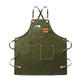 OUNLEN Chef Apron for Men Women Canvas Aprons with 3 Pockets Cross Back Resistant Work Apron for Cooking Grilling Baking BBQ Barber Kitchen (Army green)