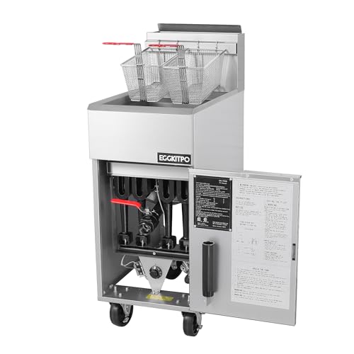 Image of EGGKITPO 50lb. Commercial Gas Deep Fryer 4 Tubes Liquid Propane Gas Fryer CSA Certified Adjustable Thermostat 200℉-400℉ Floor Standing Fryer with 2 Baskets for Restaurant and Kitchen 120,000 BTU /h