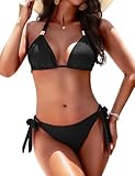 Dazosue Women Two Piece Bikini Swimsuits Gold Metal Halter Triangle Bathing Suits Cheeky String Bikini Sets Black S