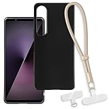 OAGELIM Funda Protectora 2 en 1 con Correa de Muñeca Compatible con Sony Xperia 1 VII Funda con Cordón Desmontable, Asa Antideslizante y Antipérdidas (Negro + Oro)