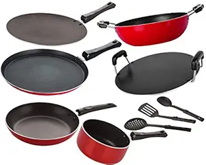 Nirlon Non-Stick Coated Pure Aluminium Cookware Combo Set with Bakelite Handle -9 Piece [2.6mm_FT13_CT_KD14_SPB_RT_TP24_3SPN]