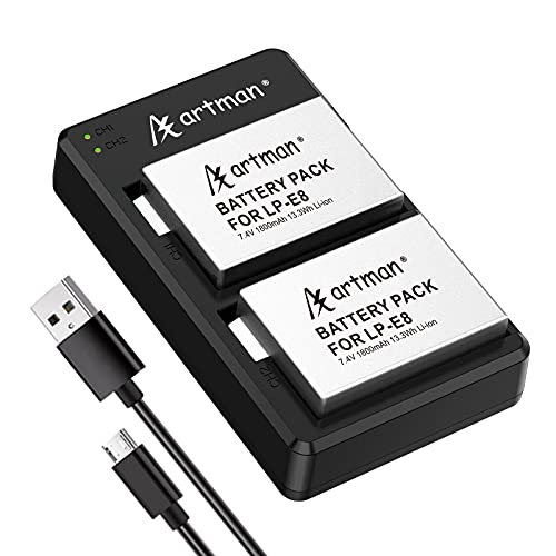 Artman LP-E8 Battery and Rapid Dual USB Charger Kit for Canon EOS Rebel T3i,T5i,T2i,T4i,EOS 550D,600D,650D,700D,DLSR Cameras(2-Pack 1800mAh)