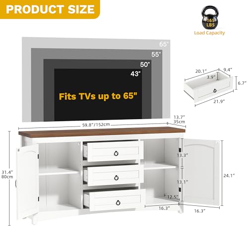 DWVO Television Stand for 65" TVs, Farmhouse Entertainment Center with 3 Drawers & 2 Cabinets, Rustic Living Room Media Console Table w/Storage, Wooden Buffet Sideboard Cabinet for Dining Room, White