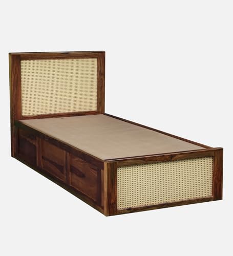 Image of Solid Sheesham Wood Jaipori Single Bed with Box Storage | Wooden Single Bed Cot Palang Furniture for Bedroom Living Room Home and Hotel (Provincial Teak Finish)