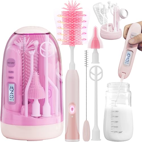 Image of Electric Bottle Brush Cleaner,Rechargable Electric Baby Bottle Brush Cleaner with Thermometer,Silicone Bottle/Nipple/Straw Brush,Drying Rack,Travel Bottle Cleaner Kit for New Moms (Pink)