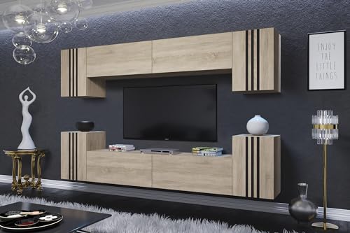 Furnitech Ensemble Meuble TV Mural Suspendu Salon – Meuble Salon Design Moderne avec Colonnes - Vitrines et Rangements (LO1-23S-M5-LCZ)