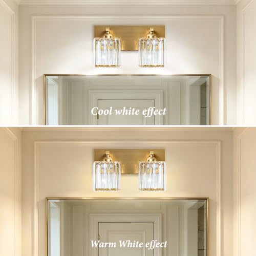 Image of Gold Crystal Bathroom Vanity Light, 2-Light Modern Bathroom Lighting Fixtures Over Mirror,Chrome Wall Sconce Light Fixtures with Square Shade
