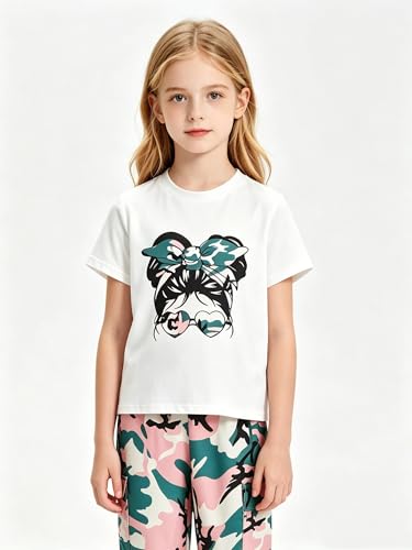 Image of Girls 6 Piece Outfits Casual Cargo Jogger Pants and Basic Love Graphic Print Short Sleeve Top Set 4-12 Years