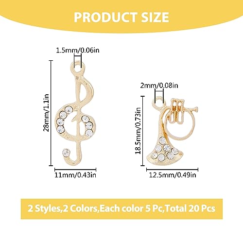 SUPERFINDINGS 20Pcs 4 Style Rack Plating Charms Alloy Rhinestone Pendants Platinum Golden Musical Note Instruments Charms Sparkling Rhinestone Charms for Jewelry Making Hole: 1.5~2mm - Image 2