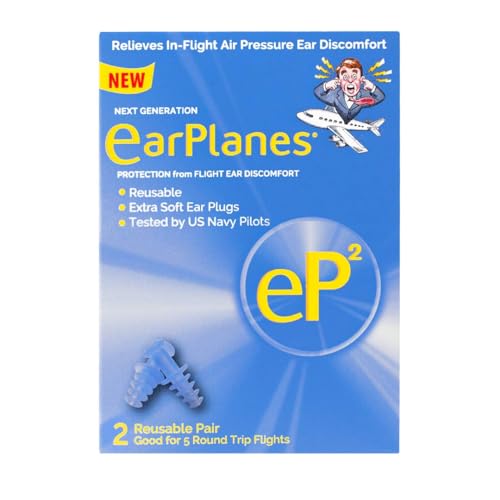 EarPlanes EP2 Ultra-Reusable Earplugs Airplane Pressure Prevention Earplugs for Adults (2 Pairs)