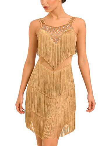 EFOGEP Robe de danse latine pour femme - Robe de danse avec franges - Robe de salsa pour femme - Robe de bal sexy à paillettes - Robe courte pour Rumba Cha...