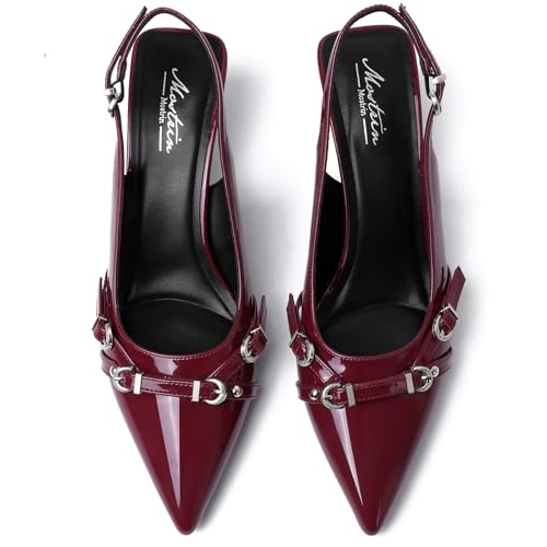 Mostrin Kitten Heels for Women Pointed Toe Pumps Patent Leather Low Heel Slingback Heels with Buckle Dress Shoes for Dating Party Working4